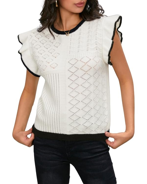 Verdusa Women's Crochet Tops Cap Ruffle Sleeve Cable Knit Sweaters Pullovers | Amazon (US)