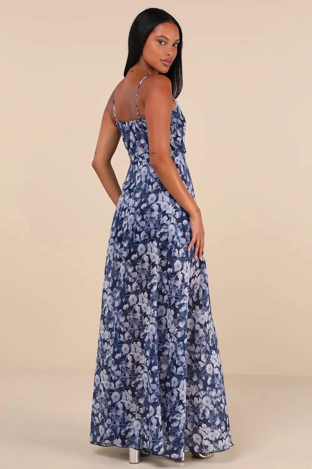 Illustrious Aura Navy Blue Floral Ruffled Surplice Maxi Dress | Lulus