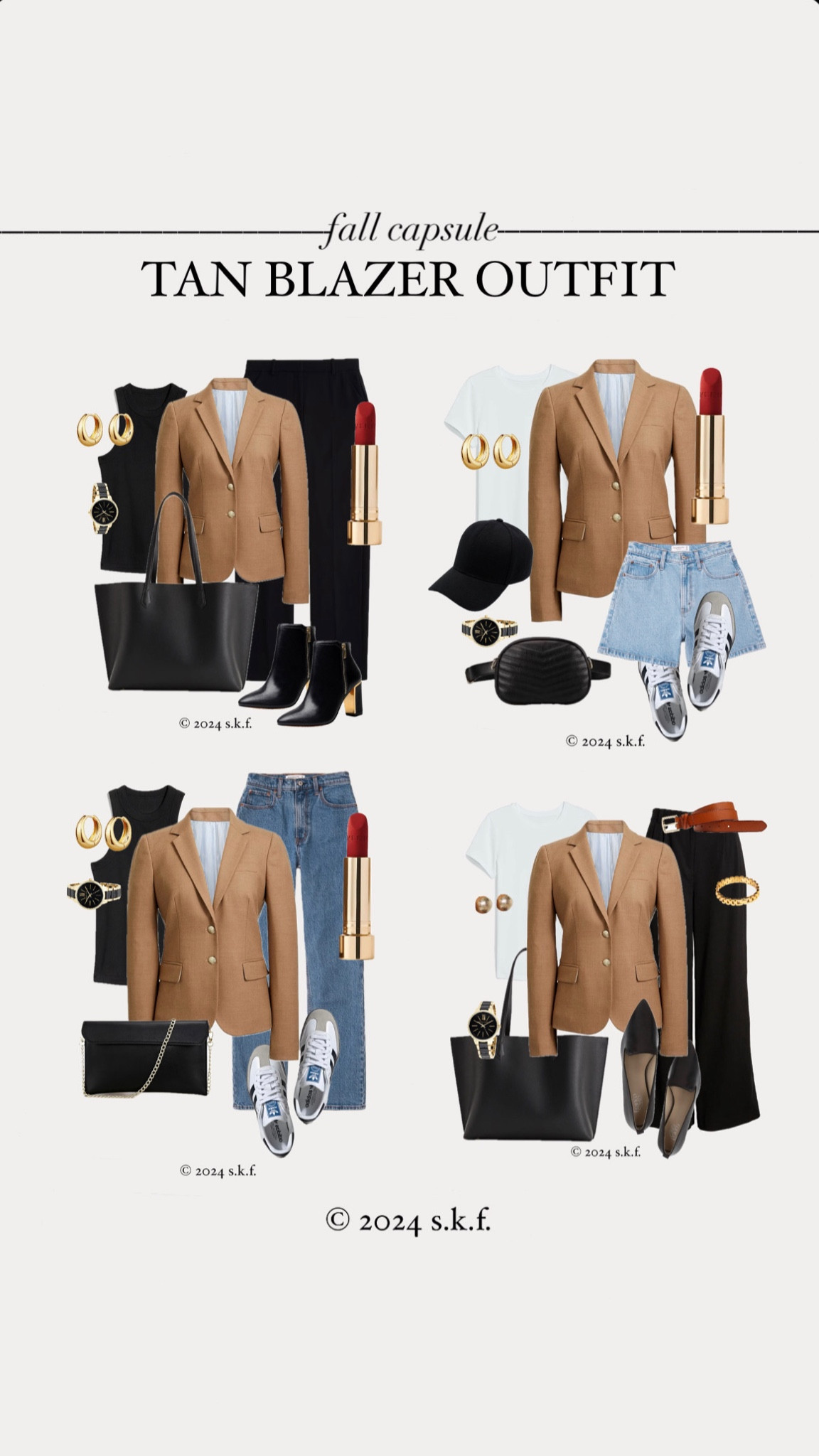 Classic tan/camel blazer outfits from my capsule wardrobe. Swap the tan blazer for a plaid blazer with fall colors/threads for a trendy look. Swap the black trousers for black leather pants for a fall trendy look. Happy shopping!!

#falltrends #falloutfits #blazeroutfits #tanblazer

#LTKSeasonal #LTKFallSale #LTKStyleTip