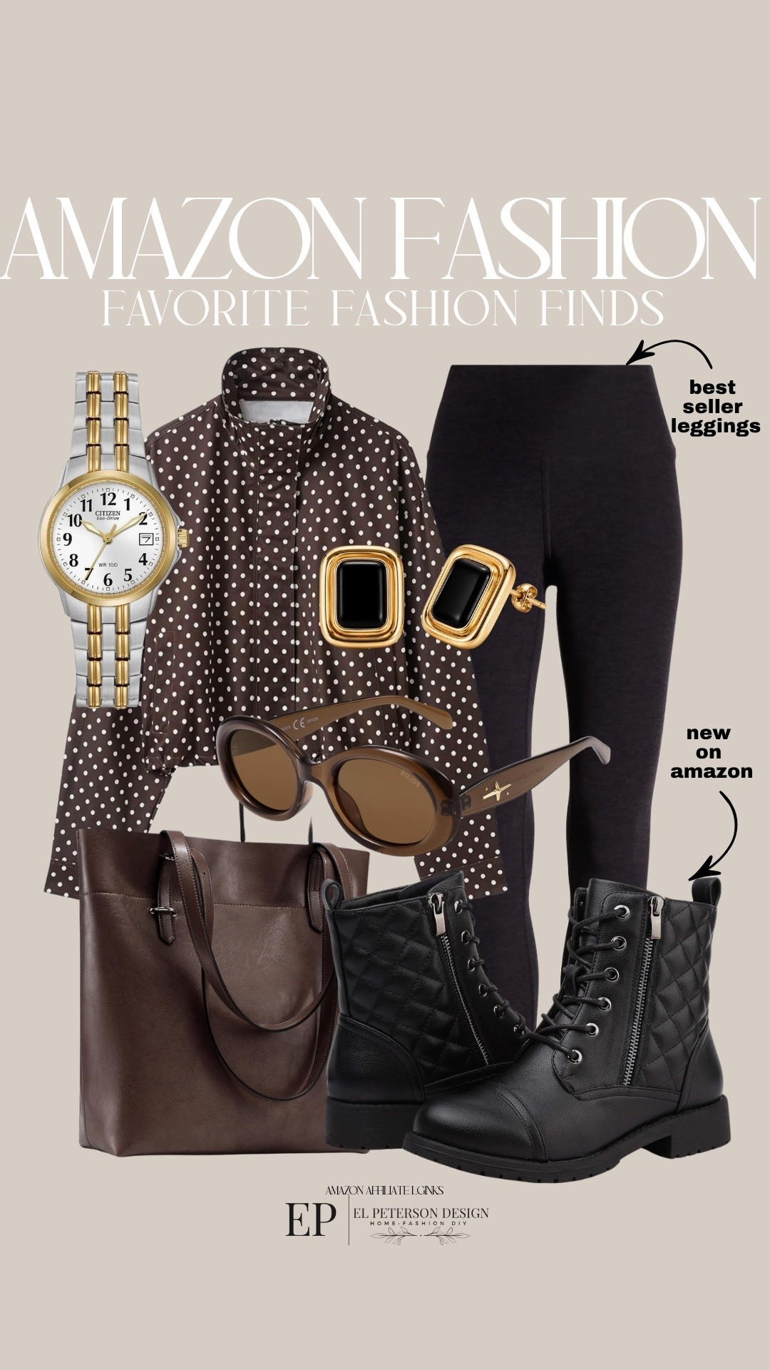Amazon
Leggings
Jacket
Earrings
Boots
Purse
Watch