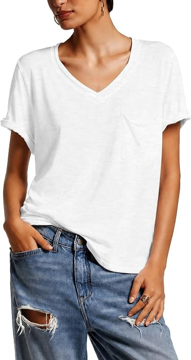 Womens Short Sleeve V Neck T Shirts Cotton Summer Short Sleeve Tops Tees with Pockets | Amazon (US)