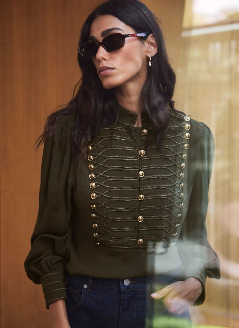 Khaki Military Trim Stand Collar Blouse | Mint Velvet - US