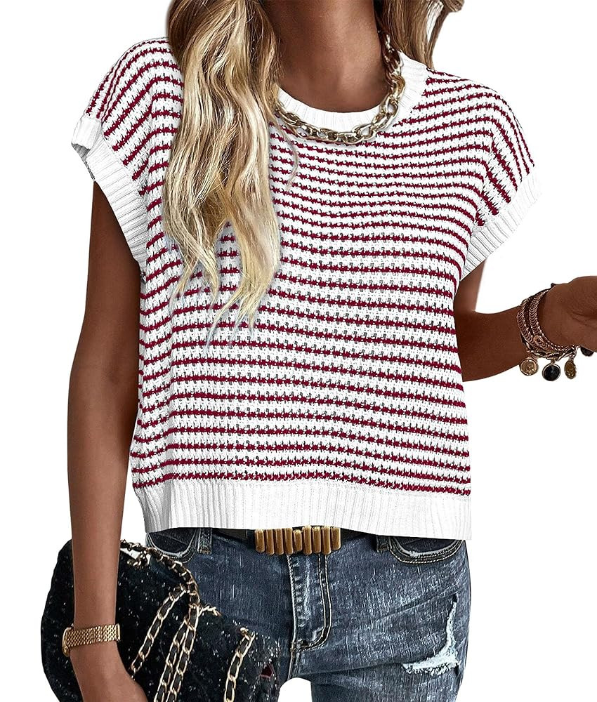 PRETTYGARDEN Womens Short Sleeve Sweater Spring Summer 2025 Round Neck Striped Pullover Cap Sleev... | Amazon (US)