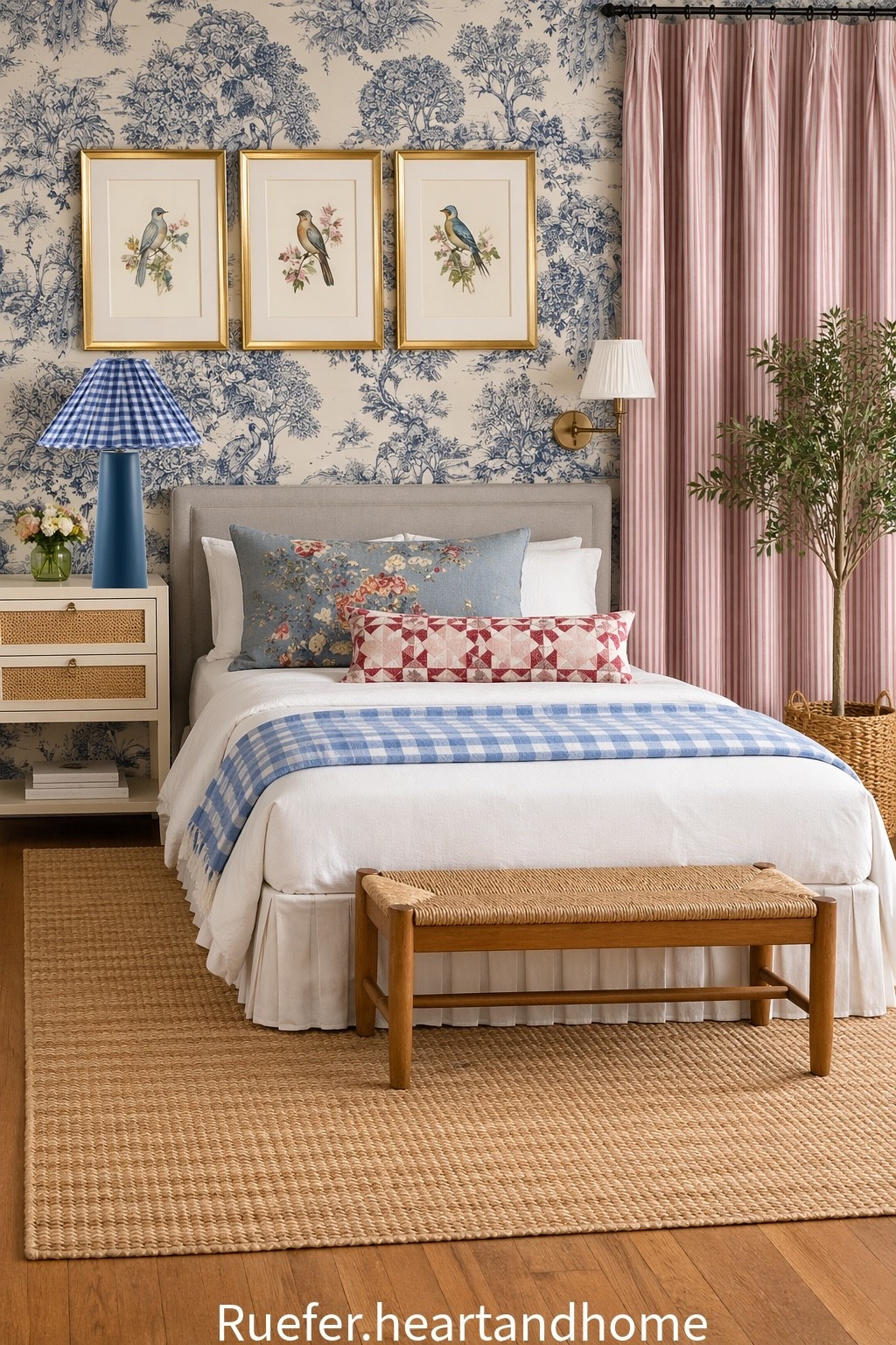 I made a few adjustments to the guest bedroom refresh design board. Red striped pinch pleat curtains, pleated bedskirt, nightstand, framed bird art, toilet wallpaper, rush bench, wood bench, jute rug, natural woven rug, swivel arm wall sconce, blue lamp with gingham pleated lampshade, patchwork lumbar pillow, gingham throw blanket, sham, floral reversible sham. Cottage style blue and red bedroom inspo

#LTKSaleAlert #LTKSeasonal #LTKHome
