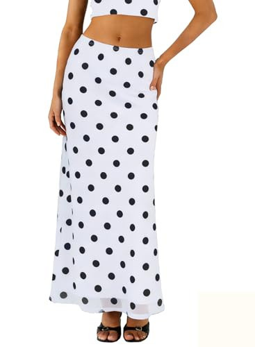 BLENCOT Womens Polka Dot Skirt High Waisted Long Maxi Skirt White Large | Amazon (US)
