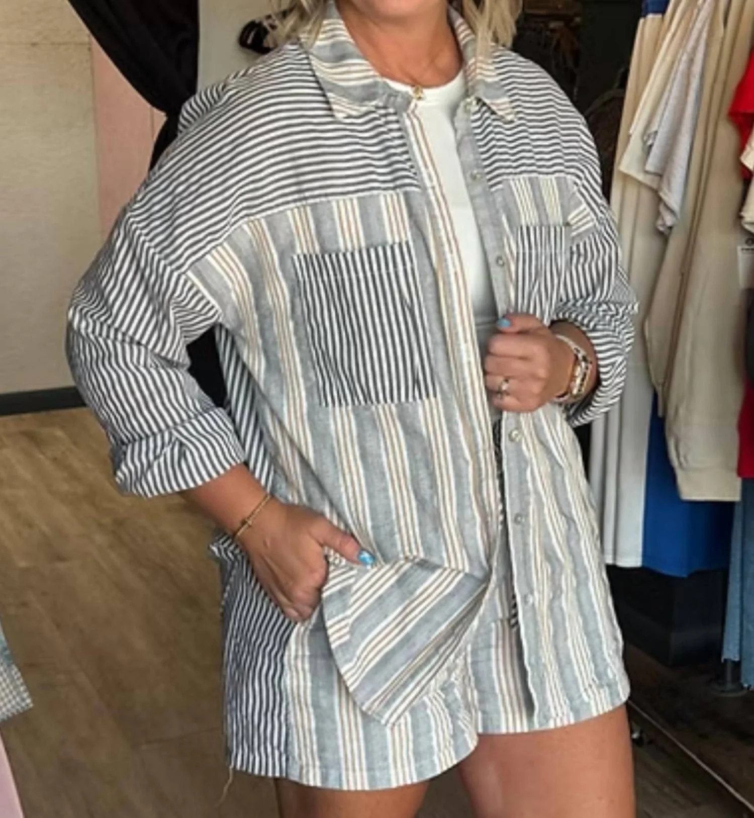 Stripe Shirt Top And Shorts Set In Taupe | Shop Simon