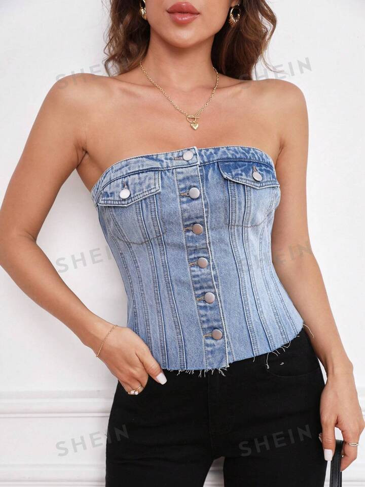 SHEIN Privé Flap Detail Button Front Denim Tube Top | SHEIN