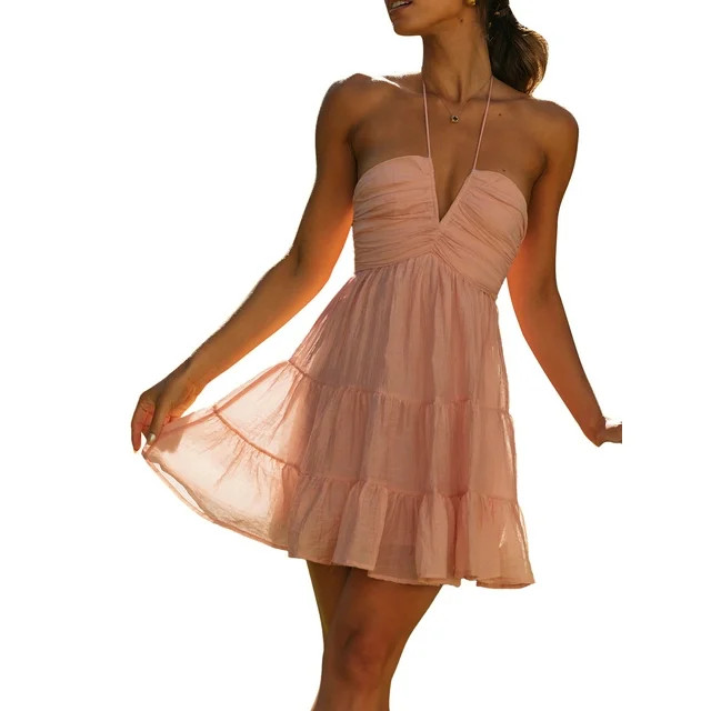Women Dress Halter Tie Backless Smocked Deep V Neck A Line Flowy Summer Vacation Mini Dresses | Walmart (US)