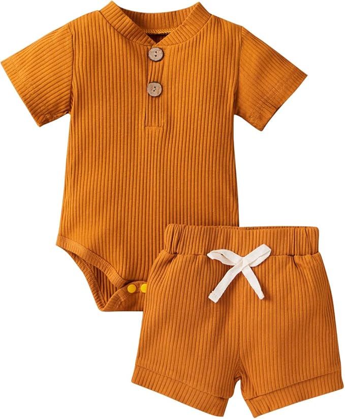 Summer Newborn Baby Boy Girl Clothes Set Ribbed Outfits Unisex Infant Solid Cotton Button Short S... | Amazon (US)