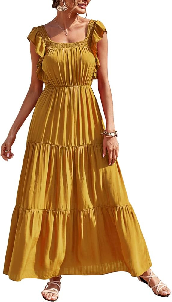 PRETTYGARDEN Women’s Bohemian Sleeveless Maxi Dress Square Neck Backless Boho Ruffle Hem Long D... | Amazon (US)