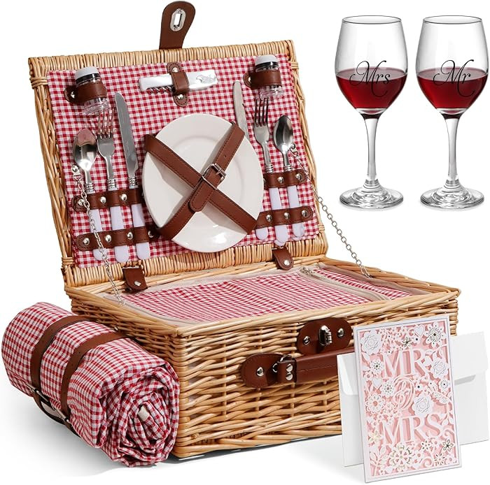 Picnic Basket for 2 with Waterproof Picnic Blanket, Wicker Picnic Set Kit with Cooler for Beach, ... | Amazon (US)