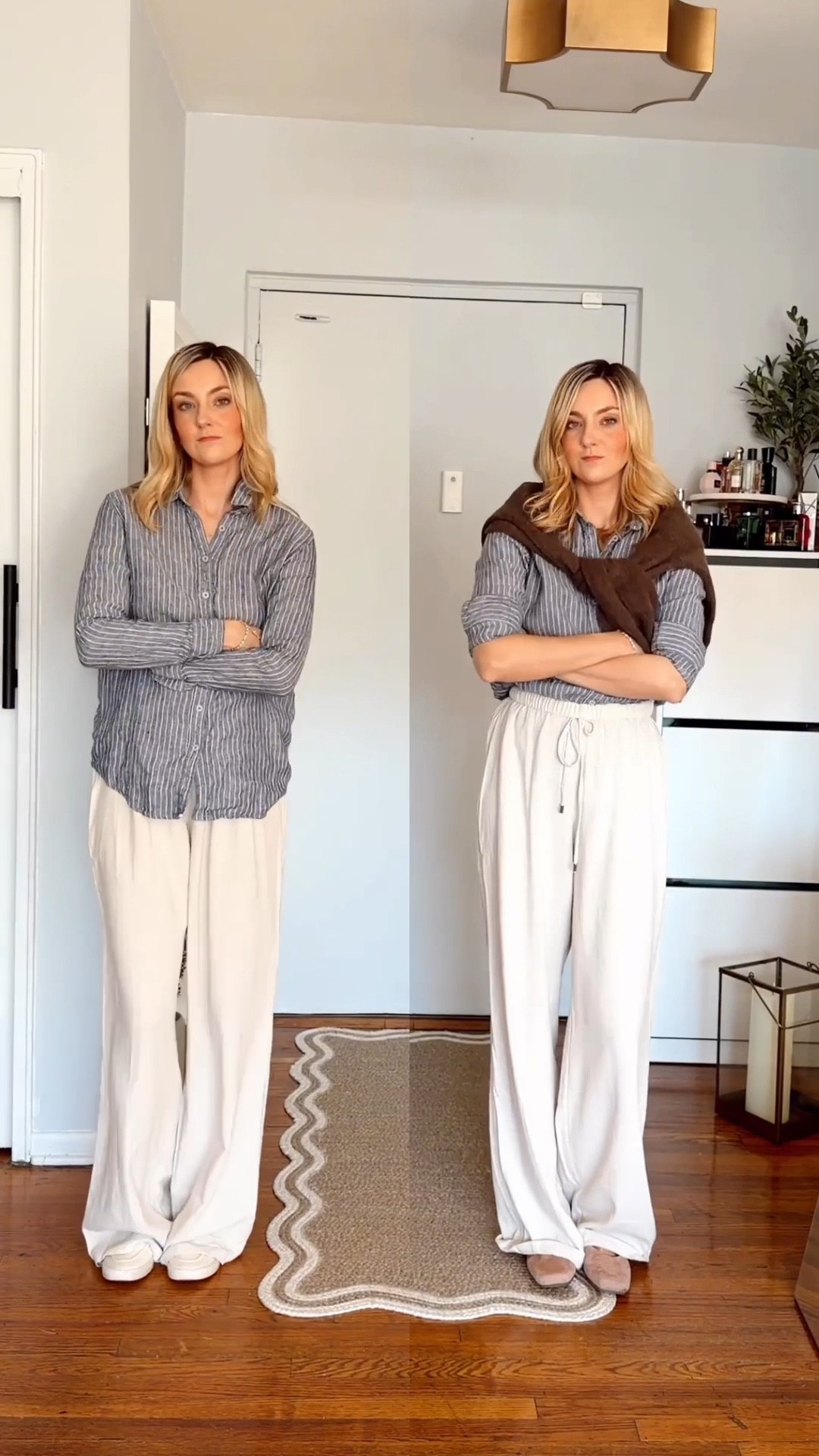 SAVE THIS for later 💙 This outfit doesn't look off - it's missing structure. Here's what I changed: defined the waist, added a layer for dimension, adjusted proportions. Same clothes. Completely different effect. 

Blue shirt styling • outfit fixes • style hack • outfit idea • how to style • linen pants • summer look • @Quince  essentials 

#LTKvlog #LTKstorytime #LTKmomlife