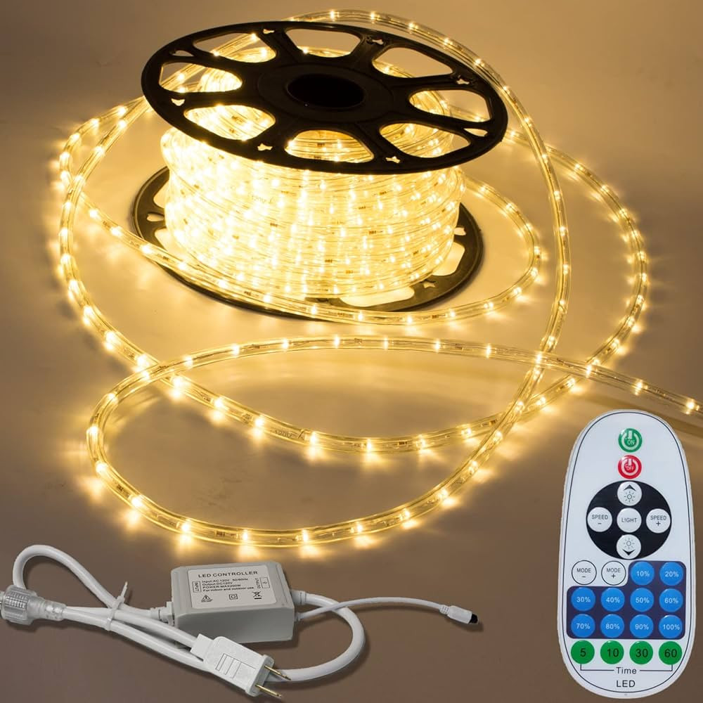 Warm White Rope Lights 66ft with Remote,Cuttable Connectable.LED String Lights with Adjustable Br... | Amazon (US)