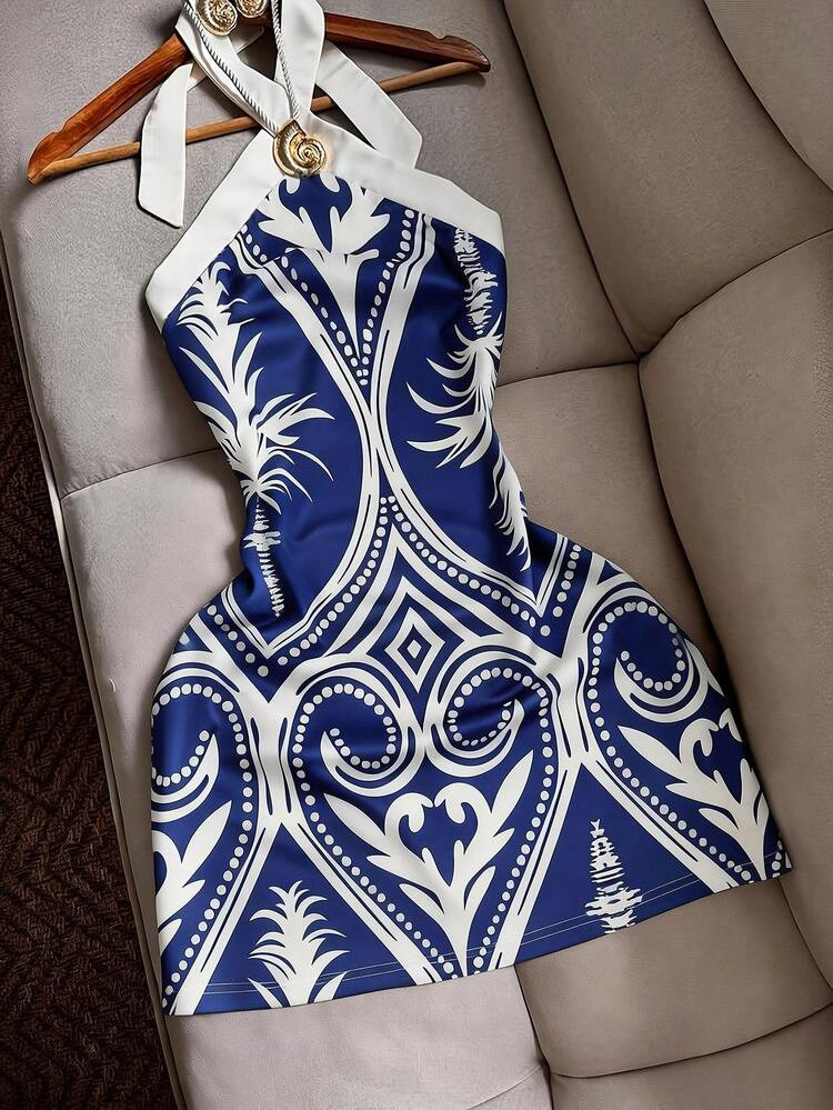 INAWLY Sexy Fitted Halter Tie Waist Printed Color Block Mini Dress, Casual Beach Holiday Travel F... | SHEIN