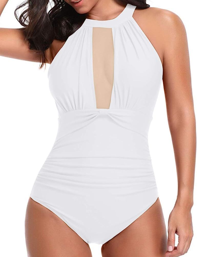 Tempt Me Women One Piece Swimsuit High Neck Plunge Mesh Ruched Monokini Swimwear | Amazon (US)