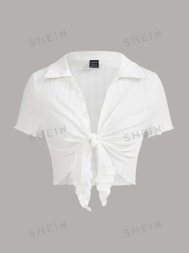 SHEIN EZwear Summer Going Out White Lapels Lettuce Trim Knot Front Crop Sexy Top | SHEIN USA | SHEIN