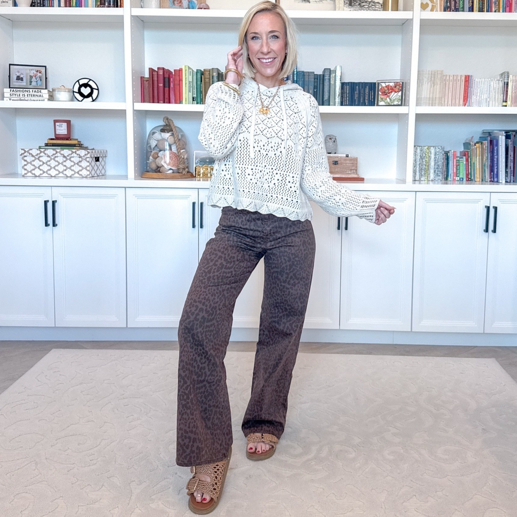 Leopard Jean - 1 pair - 6 easy outfits. High Rise Leopard Print Wide-Leg Jeans - I’m wearing a size 25, regular length, but I want to order the size 25 (wasn’t in store) and in the short length. Currently 60% off PLUS an extra 10% off in cart! (now $32.40!). Pointelle Hoodie Sweater w/ Long Sleeves - size Small. $29.50. 

 

#LTKootd #LTKOver40 #LTKSaleAlert