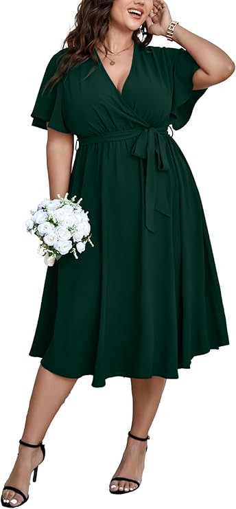 Womens Plus Size Summer Short Sleeve Wrap V Neck Belted Ruffle A-Line Flowy Wedding Guest Cocktai... | Amazon (US)