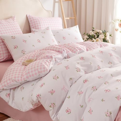 Sedefen Pink Floral Duvet Cover, Gingham Pattern Bedding Set with Cute Bow for Kids Boys Girls, S... | Amazon (US)