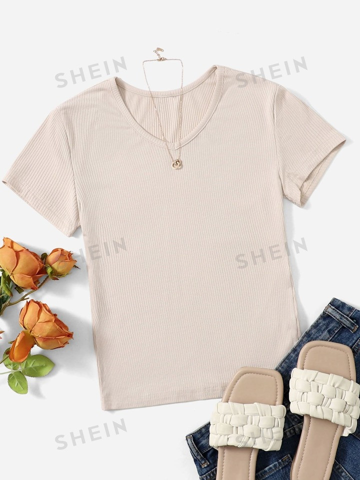 SHEIN EZwear V Neck Rib Knit Solid Tee | SHEIN