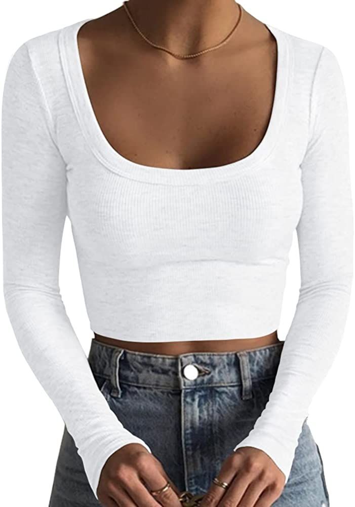 Artfish Women's Square Neck Long Sleeve Ribbed Slim Fitted Casual Basic Crop Top (White, S) at Am... | Amazon (US)