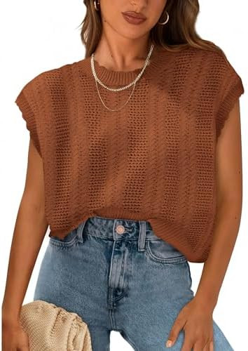 KIRUNDO Sweater Vest Women Crochet Short Sleeve Sweater Cap Sleeve Tops 2026 Spring Summer Knit P... | Amazon (US)