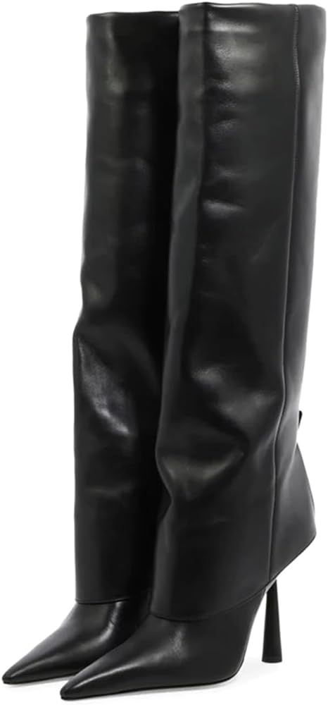 Vertundy Women's Fold Over Boots - Pointed Toe Stiletto Heel Slip On Knee High Boot Fashion Sexy ... | Amazon (US)