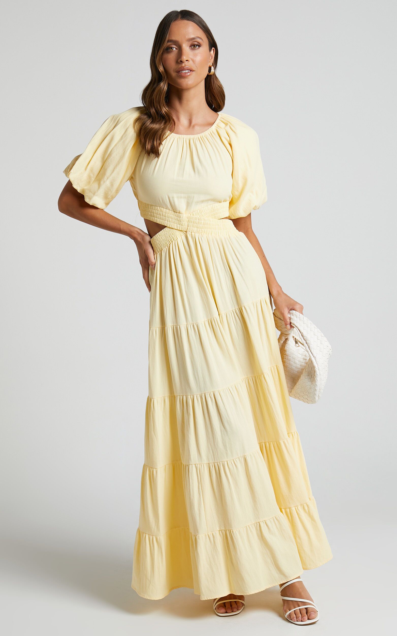 Leandra Maxi Dress - Scoop Neck Cut Out Tiered Dress in Lemon | Showpo (US, UK & Europe)