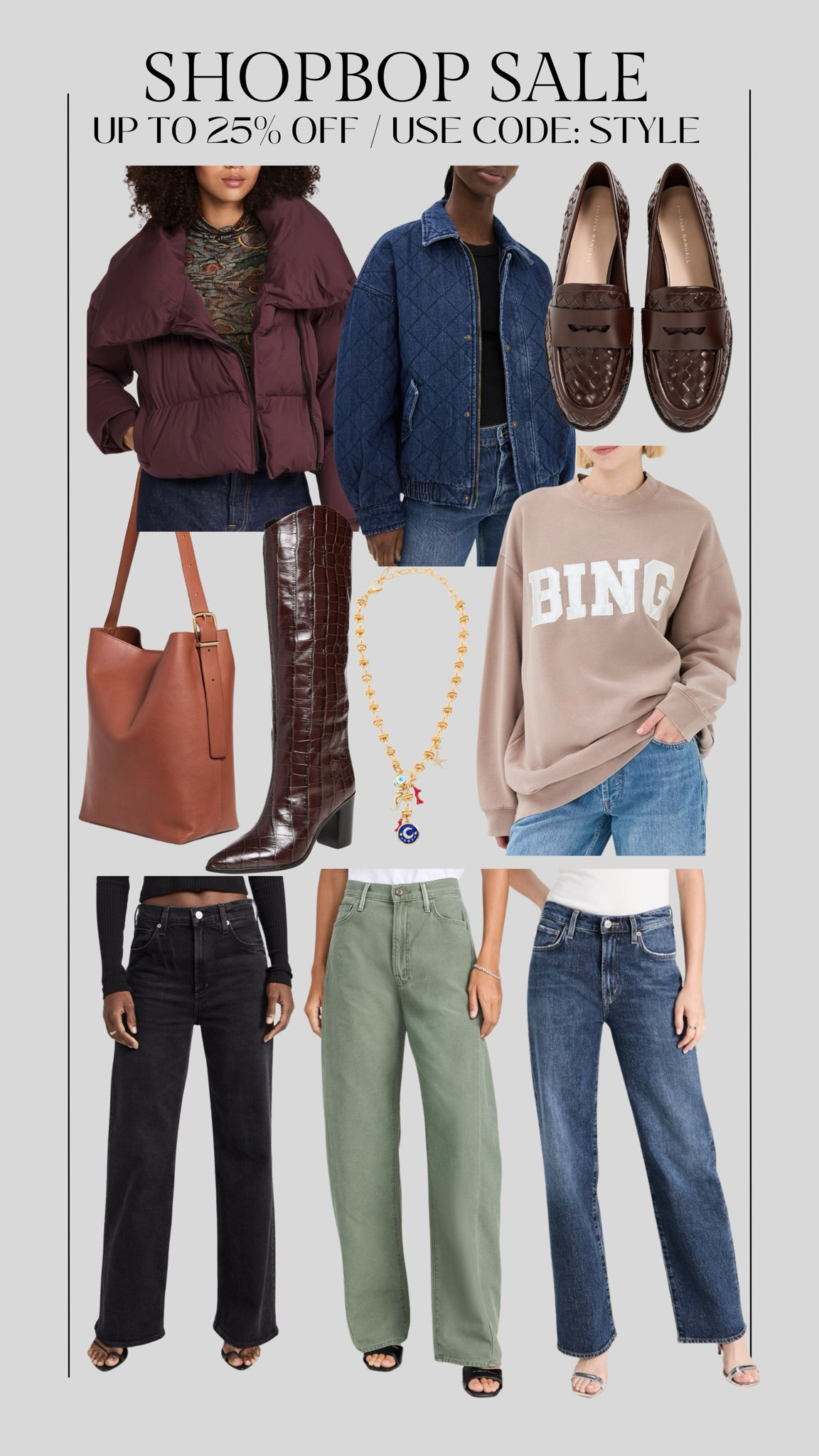 SHOPBOP SALE!  Up to 25% off with code: STYLE ✨
My Madewell bucket tote is available in leather & my Bing sweatshirt in tan 🤩 I wear these Schutz boots on repeat and they’re included in the sale! 

Shopbop sale, jeans, agolde sale, mother sale, anine Bing, Bing sweatshirt, denim jacket, bomber jacket, bucket bag; Madewell bag, loafers, leather boots, gold necklace, fall outfits, jeans sale, Christine Andrew 

#LTKSaleAlert #LTKFindsUnder100 #LTKStyleTip