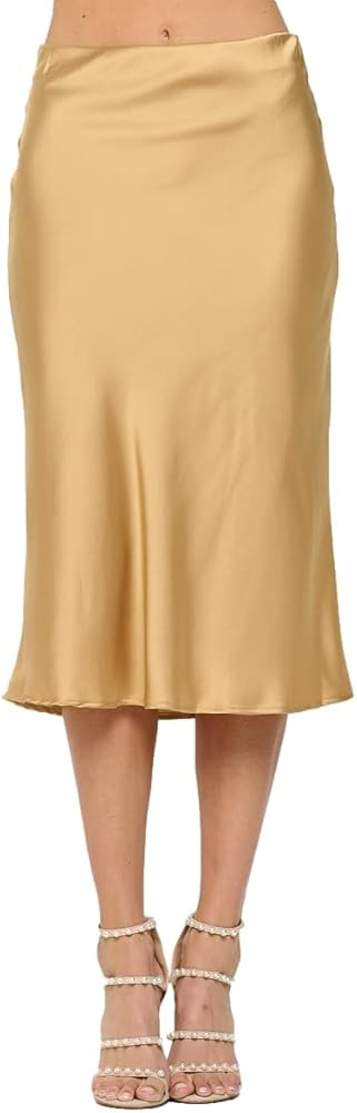 Women Solid High Waist Silky Casual Elastic Satin Midi Skirt -Made in USA (Available in Plus Size... | Amazon (US)