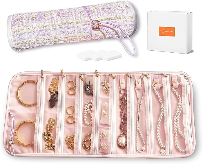 Tweed Jewelry Roll Organizer Travel with 17 Zippered Compartments, Necklace Organizer Tangle-Free... | Amazon (US)