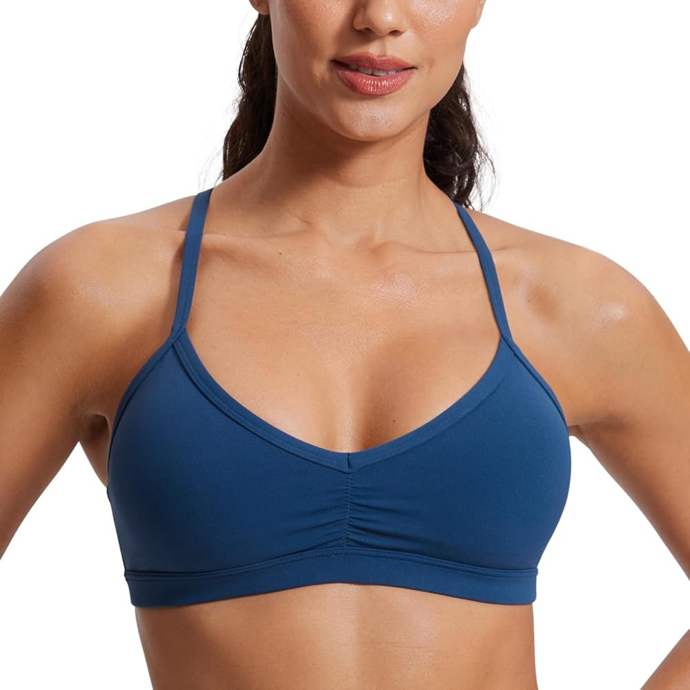 CRZ YOGA Butterluxe Womens Ruched V Neck Sports Bra - Y Back Spaghetti Thin Strap Wireless Padded... | Amazon (US)