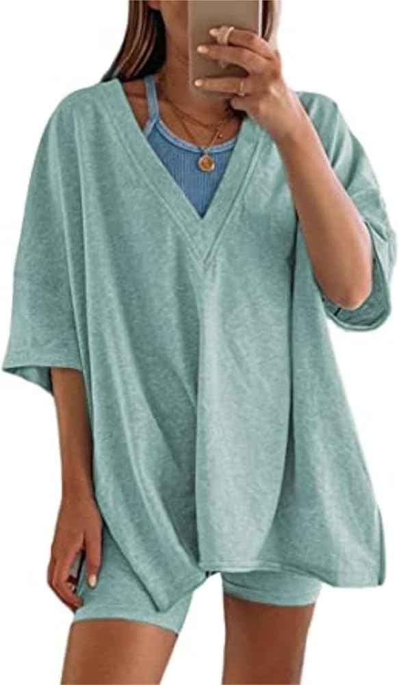 Women's Two Piece Outfits Oversized V Neck T Shirt Biker Shorts Reversible Sets Workout Tracksuit | Amazon (US)