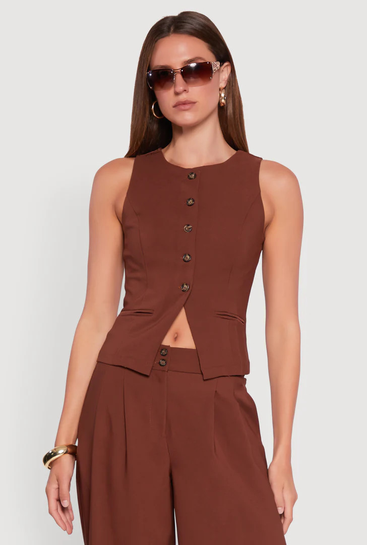 Solid Crepe Knit Button Front Blazer Vest | Rainbow Shops