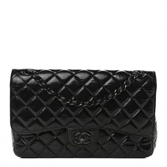 CHANEL Shiny Distressed Calfskin Quilted Jumbo Double Flap So Black | Fashionphile