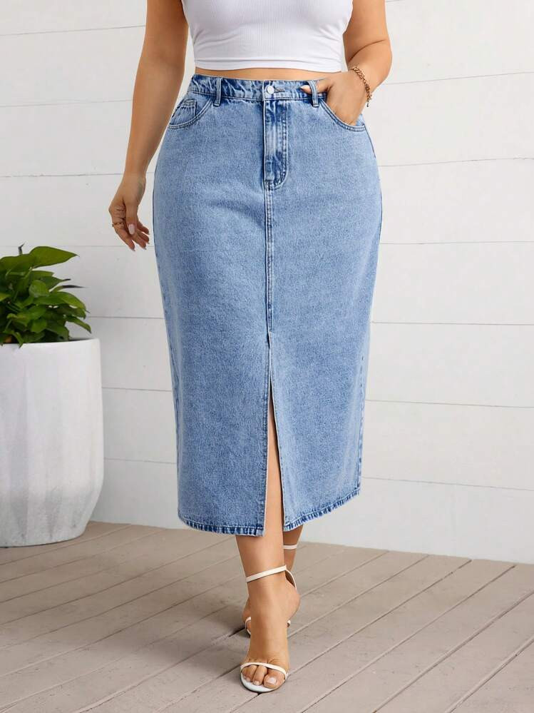 Firerie Plus Size Front Button Pocket Slit Minimal Casual Denim Mini Skirt | SHEIN