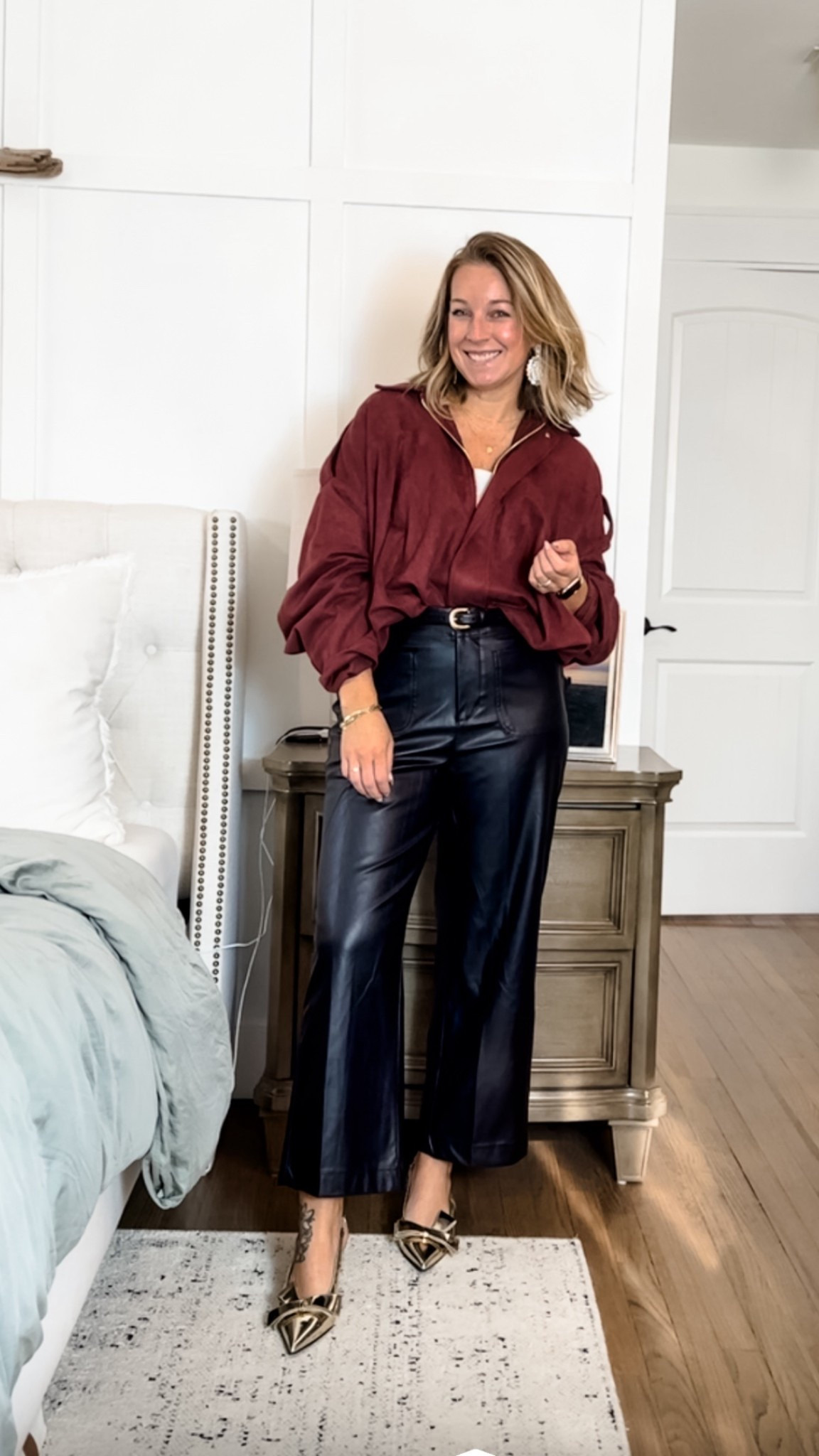 I love how this came together!!! 
It’s edgy and chic and a fun twist on a holiday look!! Small jacket. Medium cami and size 10 faux leather pants that are insanely affordable!!! How cute are these shoes too?? Come in so many colors too!! 
Tts  

#LTKootd #LTKHoliday #LTKgrwm