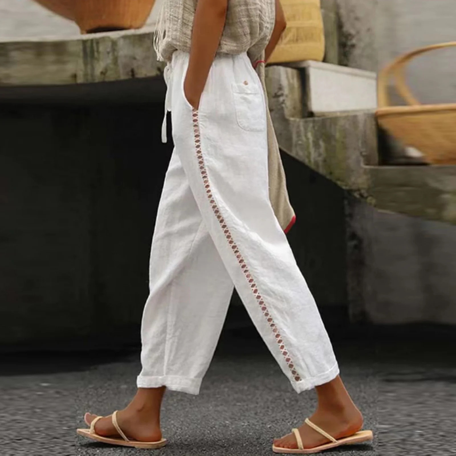 SELONE Linen Pants for Women High Waisted High Waist High Rise Elastic Waist Casual Slim Fit Line... | Walmart (US)