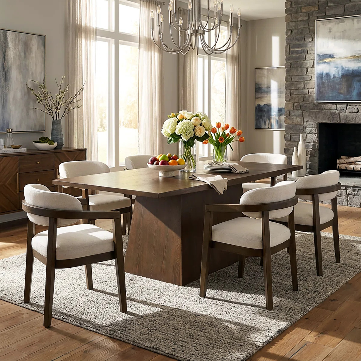 Declan 7-Piece Solid Wood Dining Table Set With Upholstered Chairs | Wayfair North America