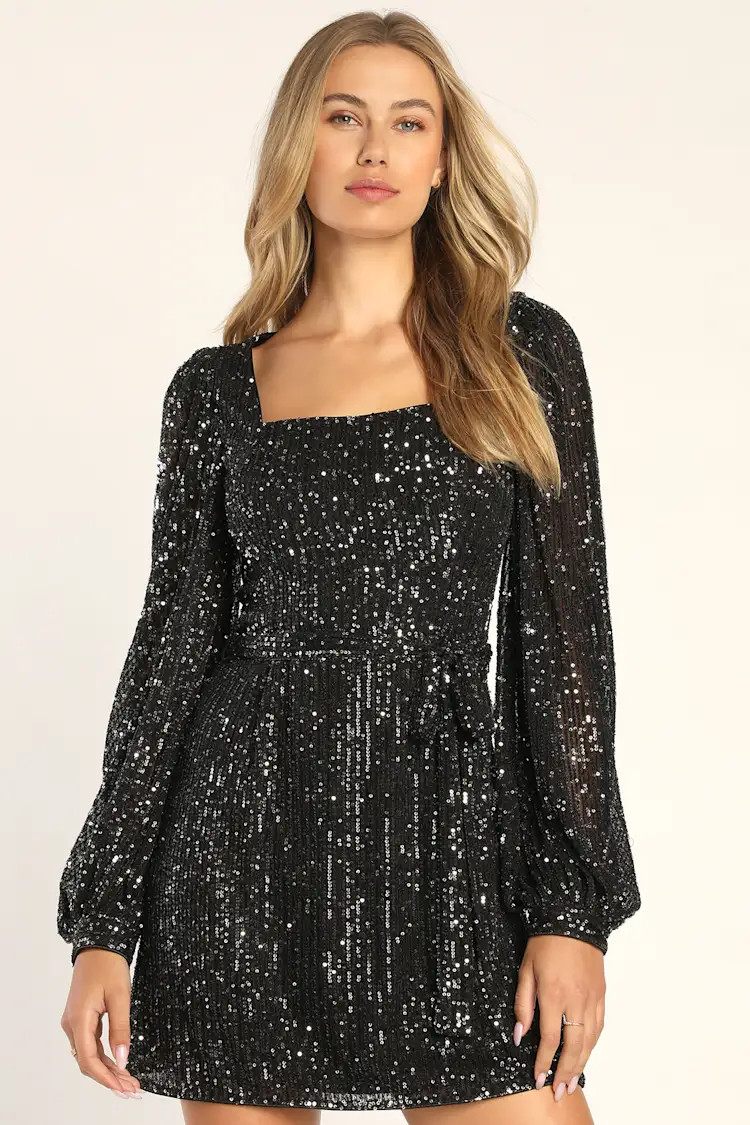 Festive Mood Black Sequin Long Sleeve Mini Dress | Lulus