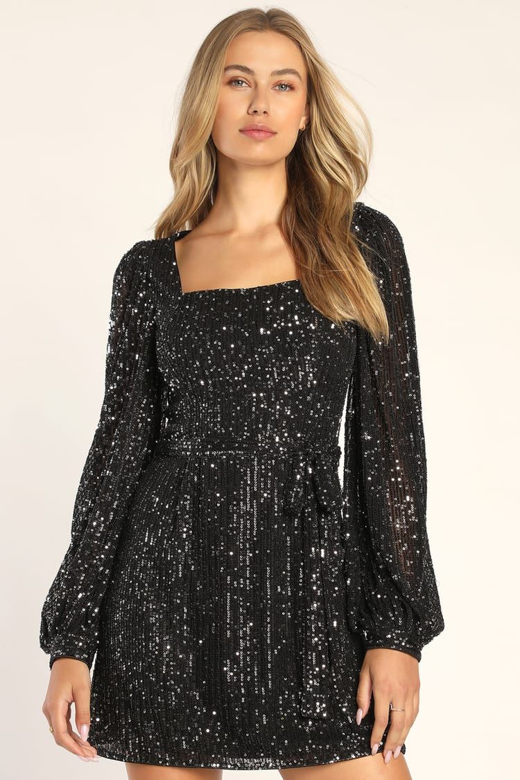 Festive Mood Black Sequin Long Sleeve Mini Dress | Lulus