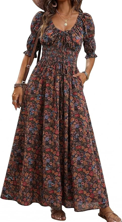Women's Summer Puff Sleeve Maxi Dress Scoop Neck Smocked Tie Ruffle A Line Long Flowy Beach Dress... | Amazon (US)