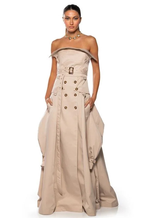 STRAPLESS TRENCH MAXI DRESS in BEIGE | AKIRA