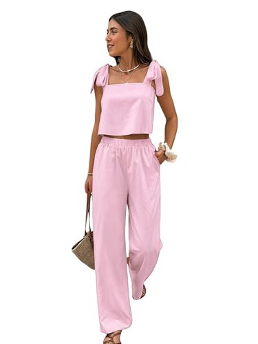 SOLY HUX Women's Summer Vacation 2 Piece Set Tie Shoulder Crop Top and Pants Travel Outfits Pure Pink Large | Amazon (US)