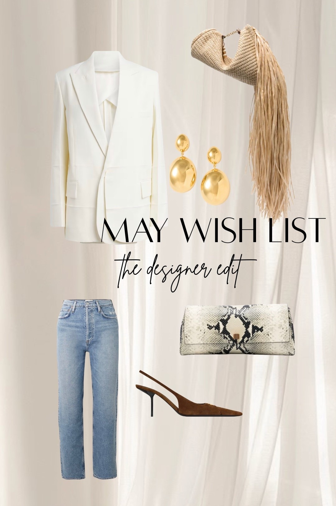 Agolde jeans, Saint Laurent heels, white blazer, statement earrings, snakeskin clutch, raffia clutch