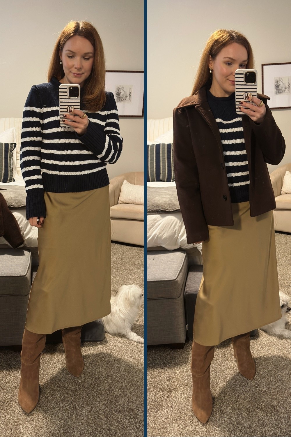 Silk skirt with navy sweater - the
Rollneck version of this sweater is currently available in several great color options. #classicstyle #ootd 

#LTKPetite #LTKWorkwear #LTKOver40
