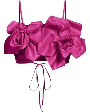 Floerns Women's Lace Up Tie Back 3D Floral Appliques Cami Crop Top Club Party | Amazon (US)