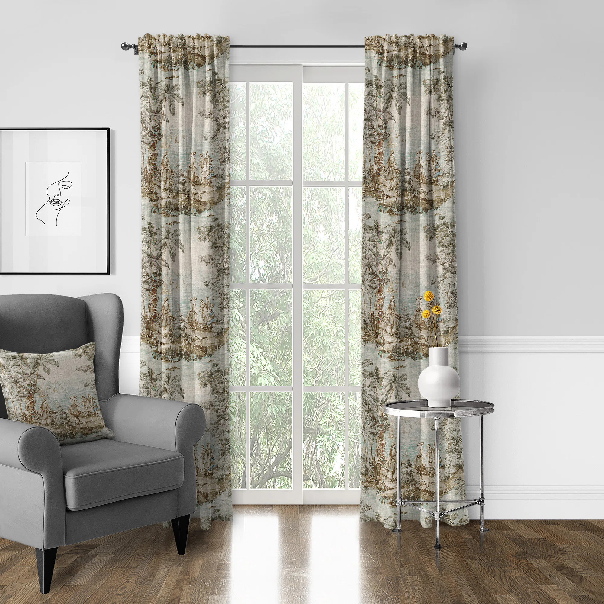 French Countryside Linen Blend Toile Room Darkening Rod Pocket Single Curtain Panel | Wayfair North America