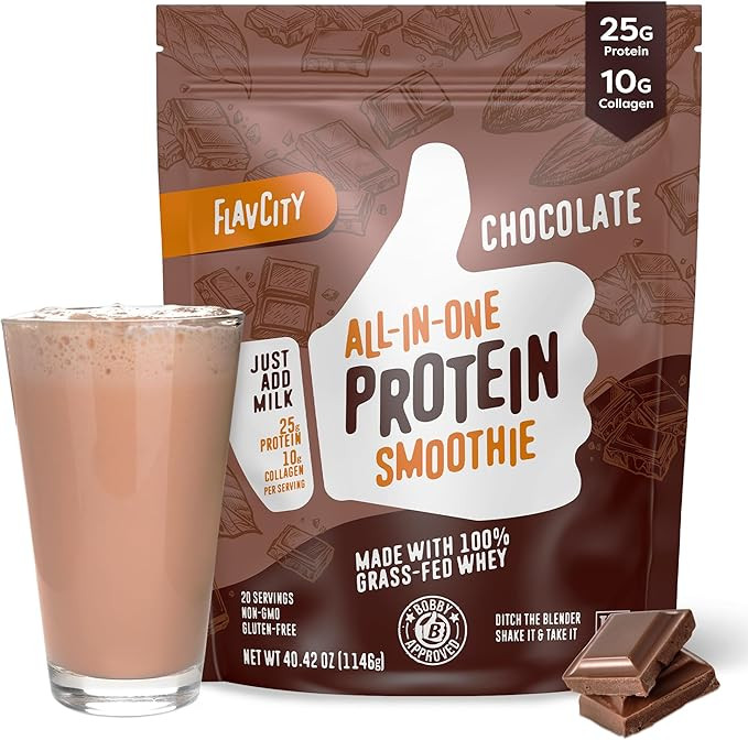 FlavCity Protein Powder Smoothie, Chocolate - 100% Grass-Fed Whey Protein Smoothie with Collagen ... | Amazon (US)