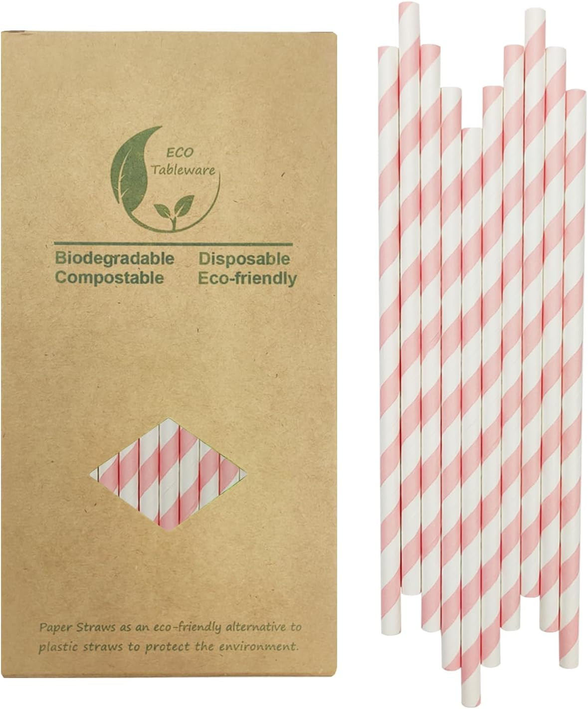 Biodegradable Pink Striped Paper Straws, 100 Pack Cute Pink and White Drinking Straws for Cake Po... | Amazon (US)